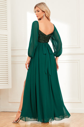 Vestido de fiesta de lentejuelas verde oscuro de una línea con mangas